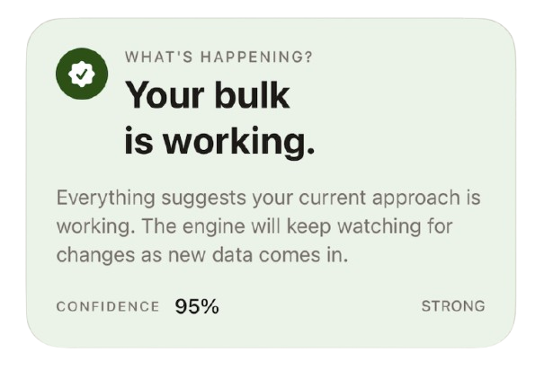 BulkBro diagnosis card showing what is happening in the bulk