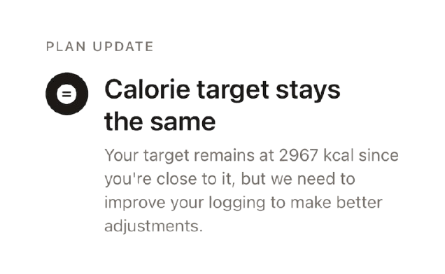 BulkBro plan update card explaining whether calorie targets should change